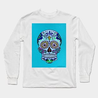 Dia de Los Muertos Skull on Aqua Long Sleeve T-Shirt